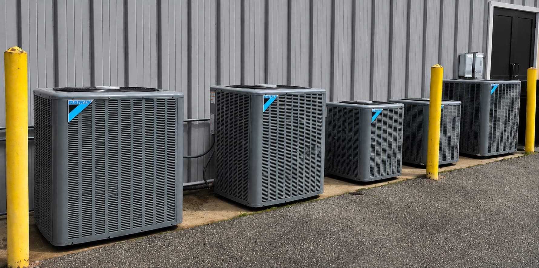 Row of newly installed outdoor condensing units